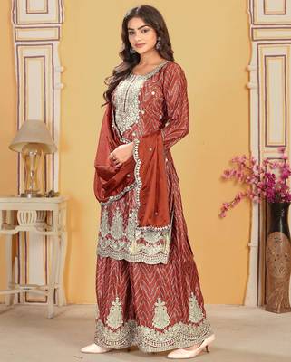  rust chinon kurta palazzo set round neck 3