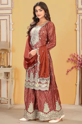  rust chinon kurta palazzo set round neck
