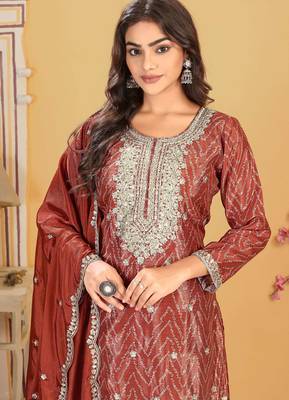  rust chinon kurta palazzo set round neck 4