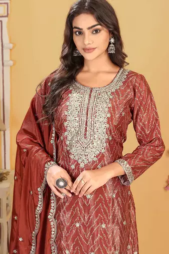  rust chinon kurta palazzo set round neck