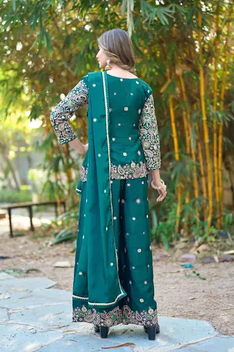  green chinon kurta palazzo set v neck