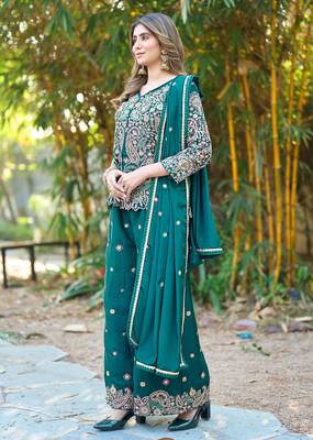  green chinon kurta palazzo set v neck 3