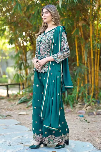  green chinon kurta palazzo set v neck