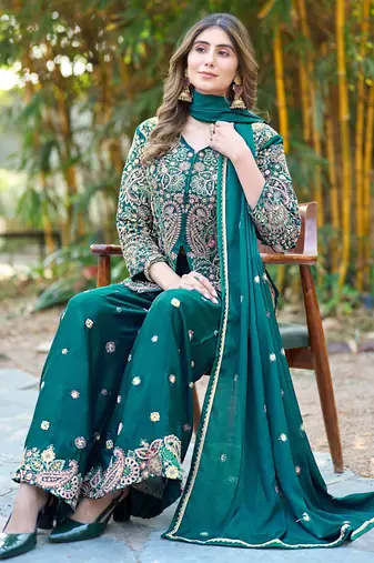  green chinon kurta palazzo set v neck
