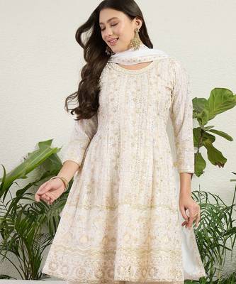  off white chinon kurta palazzo set round neck 2