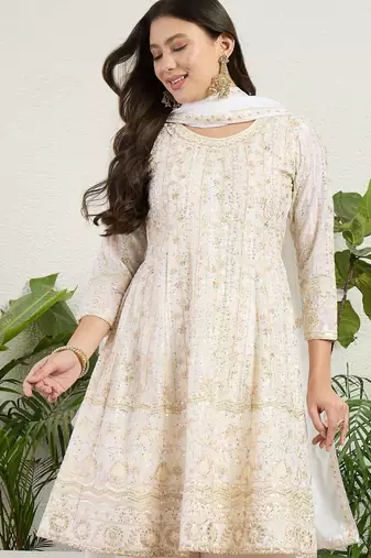 off white chinon kurta palazzo set round neck