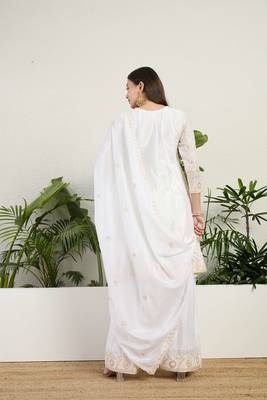  off white chinon kurta palazzo set round neck 3