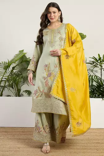  pista organza kurta palazzo set round neck