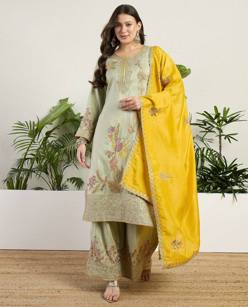  pista organza kurta palazzo set round neck