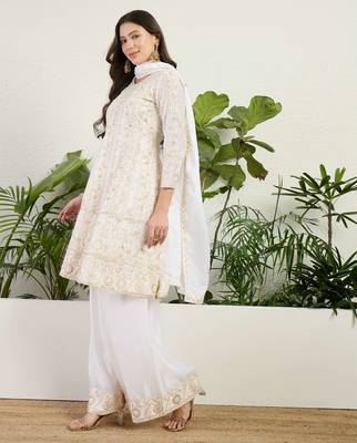 off white chinon kurta palazzo set round neck 1