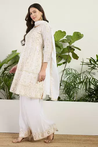  off white chinon kurta palazzo set round neck