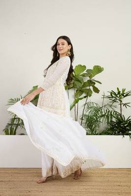  off white chinon kurta palazzo set round neck 4