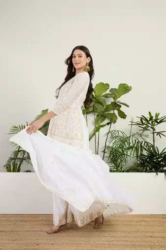  off white chinon kurta palazzo set round neck