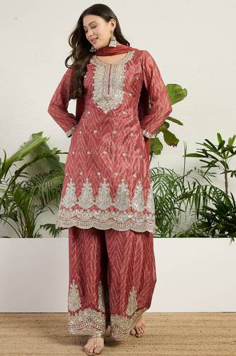  rust chinon kurta palazzo set round neck