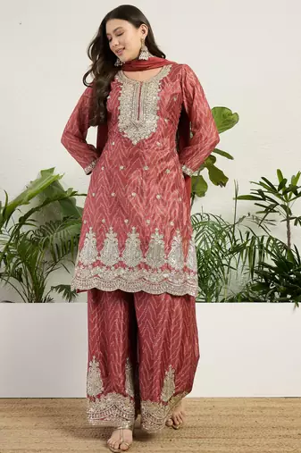  rust chinon kurta palazzo set round neck