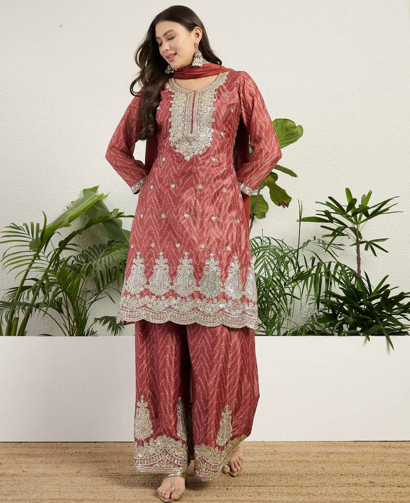  rust chinon kurta palazzo set round neck