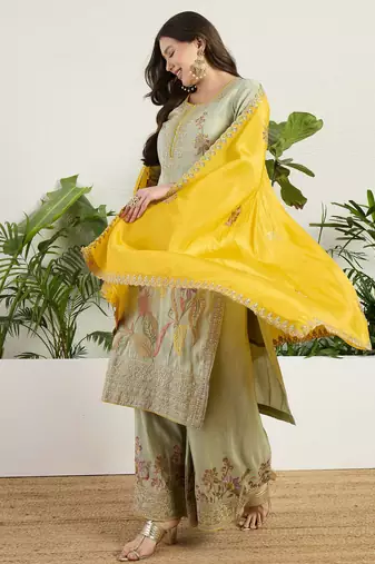 pista organza kurta palazzo set round neck