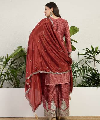  rust chinon kurta palazzo set round neck 2