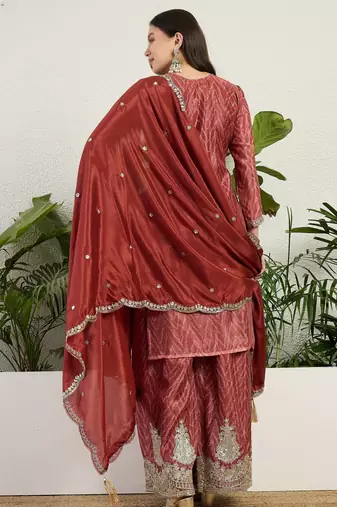  rust chinon kurta palazzo set round neck
