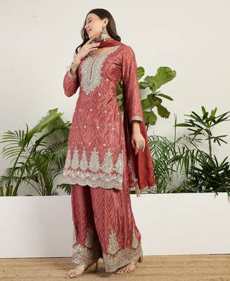  rust chinon kurta palazzo set round neck 3