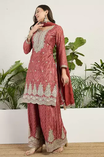  rust chinon kurta palazzo set round neck