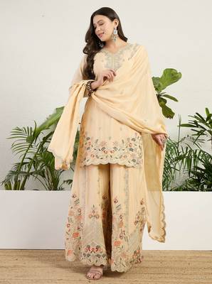  cream chinon kurta palazzo set sweet heart neck 1