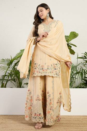  cream chinon kurta palazzo set sweet heart neck
