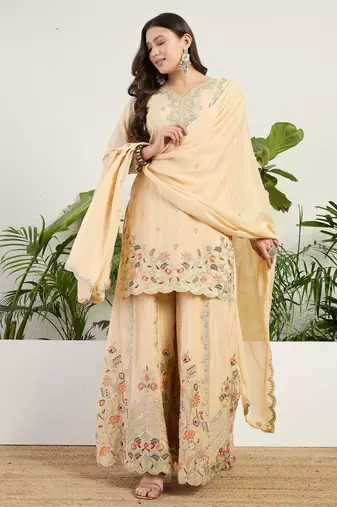  cream chinon kurta palazzo set sweet heart neck