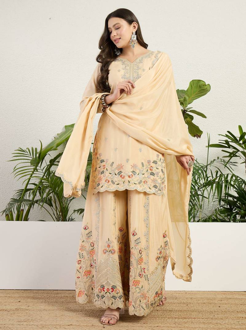  cream chinon kurta palazzo set sweet heart neck
