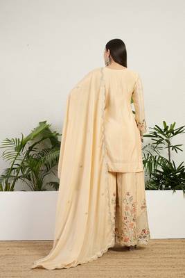  cream chinon kurta palazzo set sweet heart neck 2