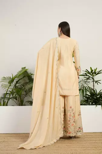  cream chinon kurta palazzo set sweet heart neck