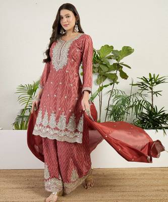 rust chinon kurta palazzo set round neck 4