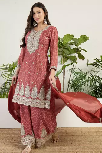  rust chinon kurta palazzo set round neck