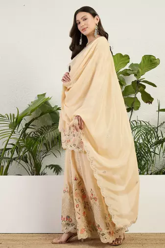  cream chinon kurta palazzo set sweet heart neck