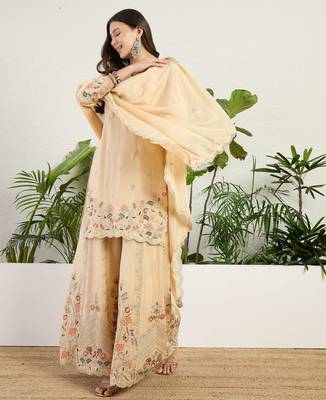  cream chinon kurta palazzo set sweet heart neck 4