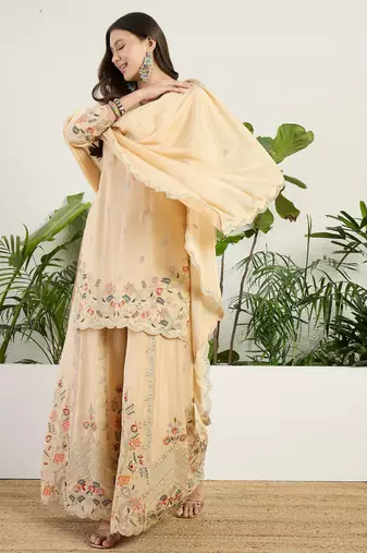  cream chinon kurta palazzo set sweet heart neck