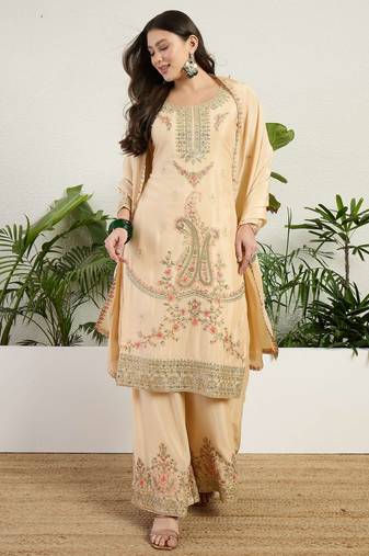  cream chinon kurta palazzo set round neck