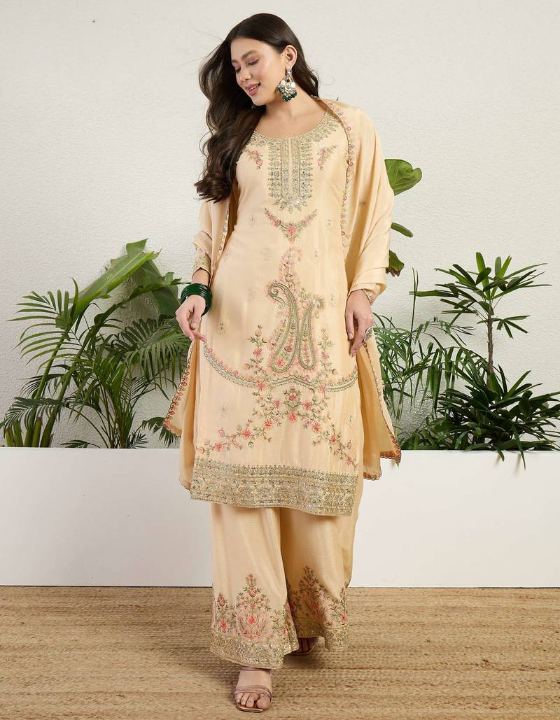  cream chinon kurta palazzo set round neck