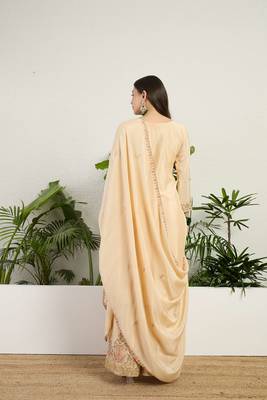  cream chinon kurta palazzo set round neck 2