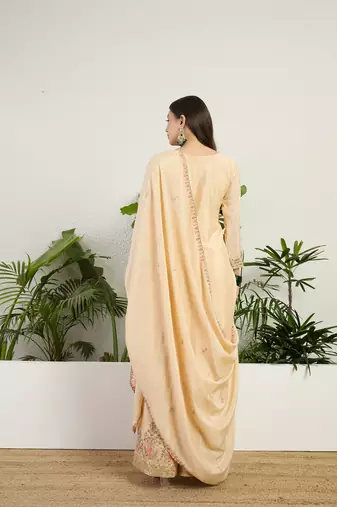  cream chinon kurta palazzo set round neck