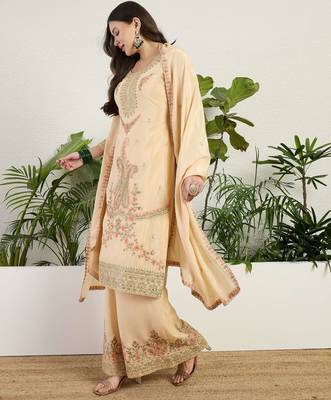  cream chinon kurta palazzo set round neck 3