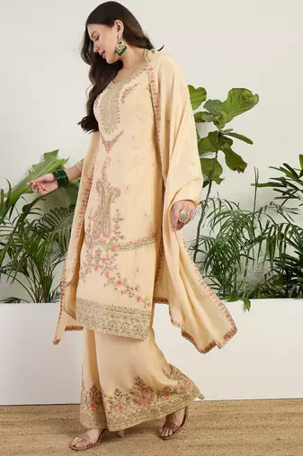  cream chinon kurta palazzo set round neck