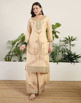  cream chinon kurta palazzo set round neck 4