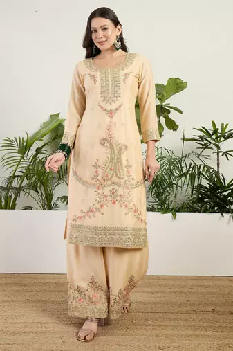  cream chinon kurta palazzo set round neck