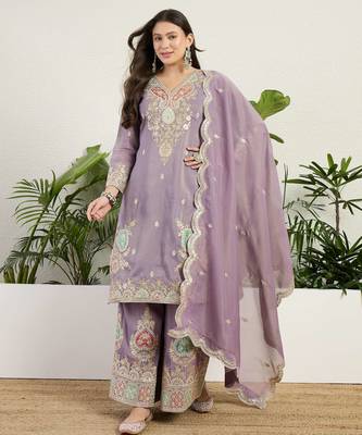  purple organza kurta palazzo set v neck 1