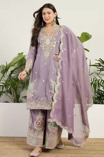  purple organza kurta palazzo set v neck