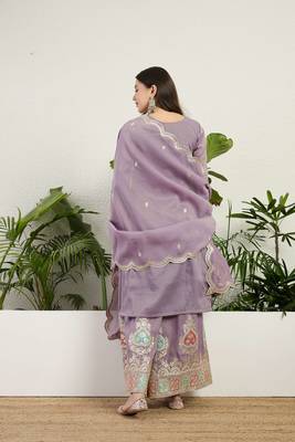  purple organza kurta palazzo set v neck 2