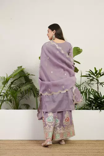  purple organza kurta palazzo set v neck