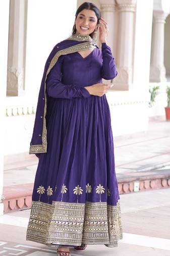 Admirable Purple Sequins Silk Festive Wear Anarkali Gown With Dupatta