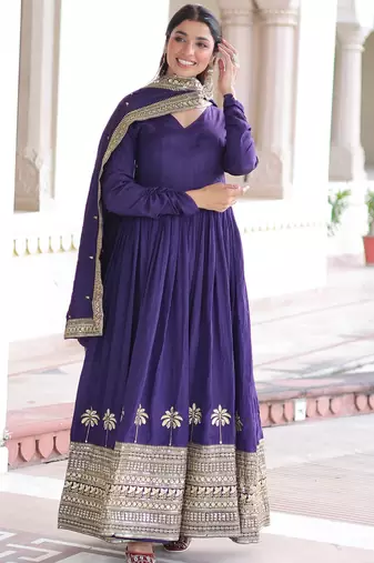 Admirable Purple Sequins Silk Festive Wear Anarkali Gown With Dupatta